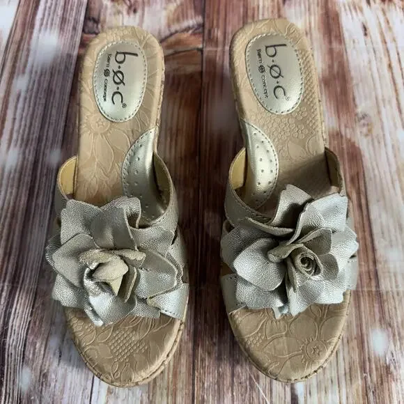 BOC Born Concept Size 7 Bronze Leather Flower Cork Wedge Sandals Open Toe Shoes - Picture 3 of 11